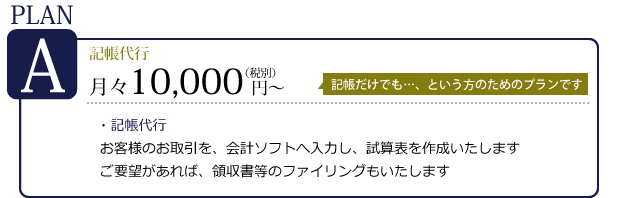 プランA　記帳代行　月々10,000円～　記帳だけでも…、という方のためのプランです。お客様のお取引を会計ソフトへ入力し、決算表を作成いたします。ご要望があれば、領収書等のファイリングもいたします。