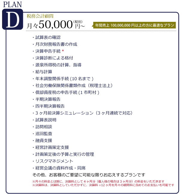 プランD　税務会計顧問　月々50,000円～　年間売上100,000,000円以上の方に最適なプラン。決算申告手続・決算診断による格付・源泉所得税の指導・給与計算・年末調整関係手続(10名まで)・社会労働保険関係書類作成（税理士法上）・償却資産税の申告手続(1市町村)・半期決算報告・3ヶ月前決算シミュレーション（3ヶ月連続で対応）・試算表説明・訪問相談・巡回監査・融資支援・経営計画策定支援・計画策定後の予算と実行の管理・リスクマネジメント・経営会議の資料作成・同席