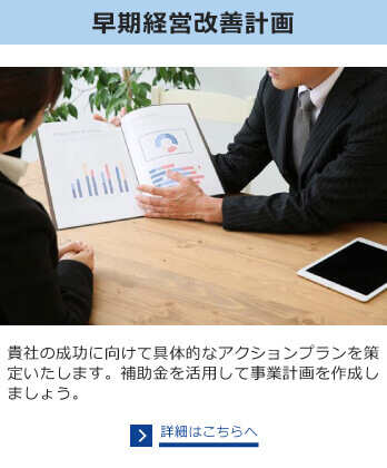 早期経営改善計画　国や地方自治体には様々な補助金があります。設備投資やシステム導入、事業承継には補助金を活用しましょう。